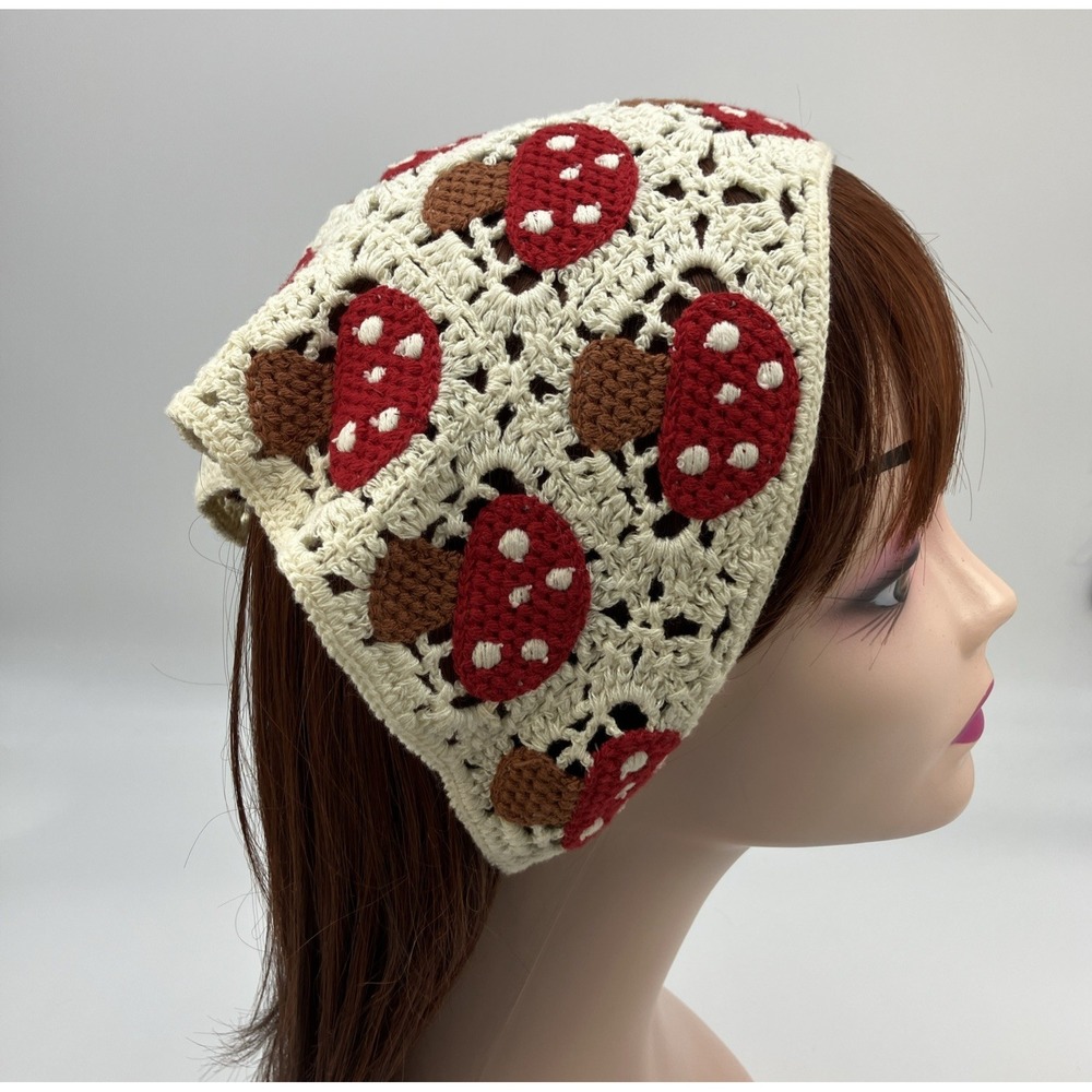 Crochet Mushroom Bandana Hair Kerchief Cottagecore Boho Head Scarf Red Cream Hip - Picture 2 of 10